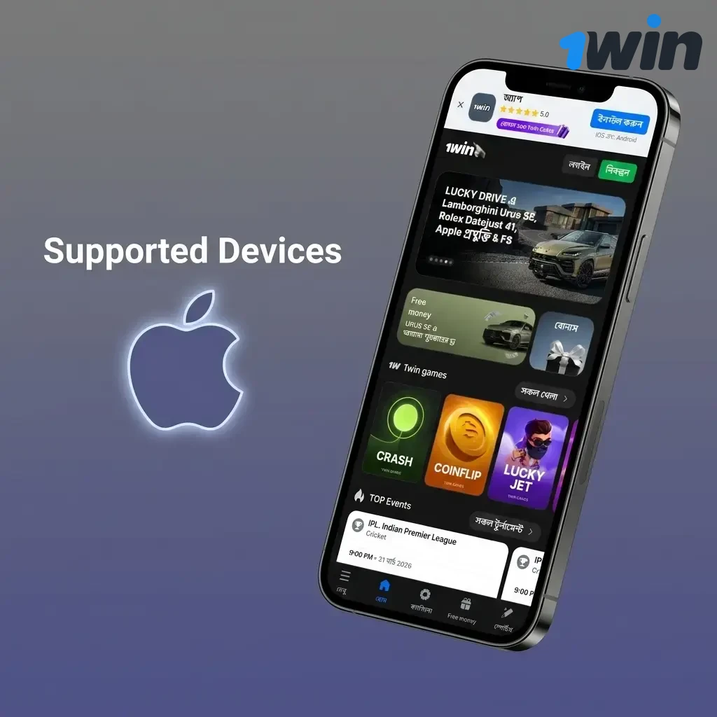List of supported Apple devices for 1win PWA including iPhone SE, iPhone 12 to 15, and iPad models on iOS 12+