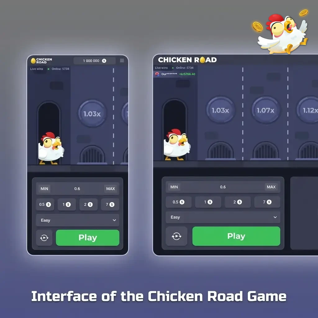 Bright cartoon-style Chicken Road game interface showing multiplier display, cashout buttons, and real-time chicken progress