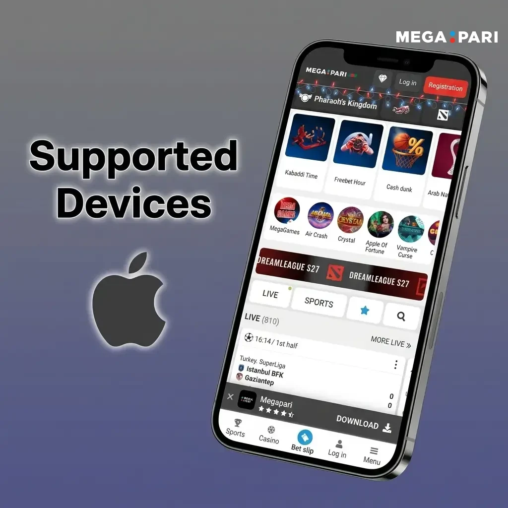 MegaPari PWA app supported Apple devices including iPhone SE, iPhone 11–15 Pro Max, and iPad models running iOS 12 or later.