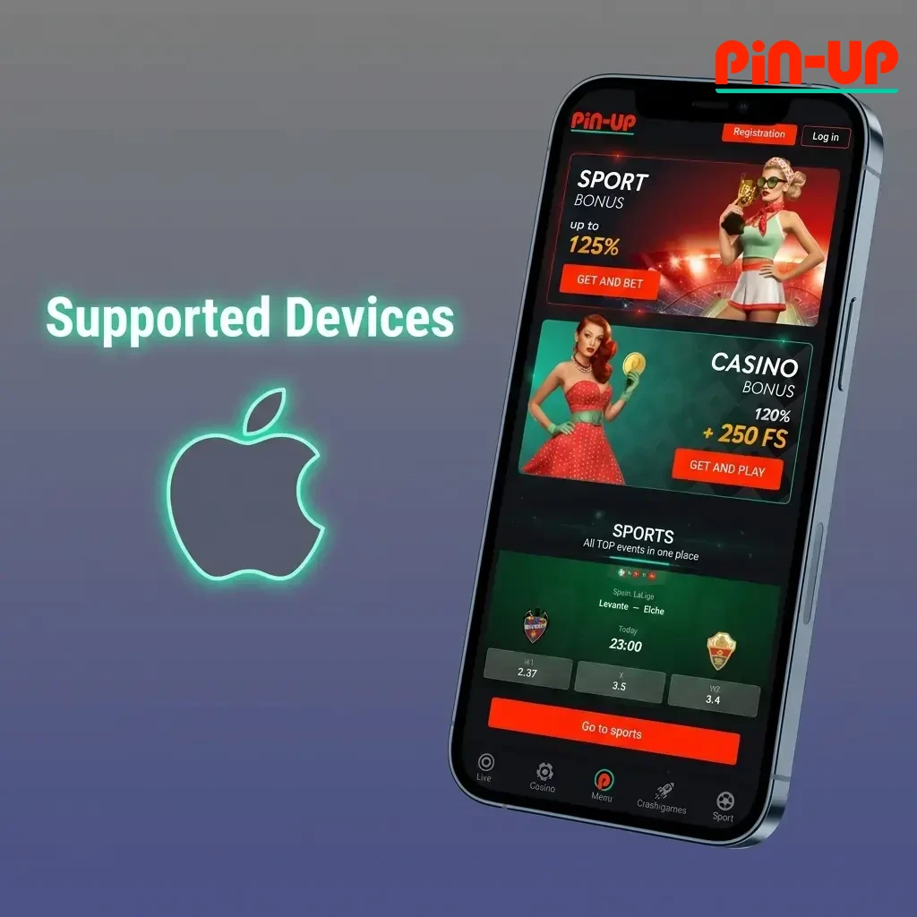 Apple devices compatible with Pin-Up mobile app, including iPhone SE, iPhone 11-15, and iPad models running iOS 12 or later