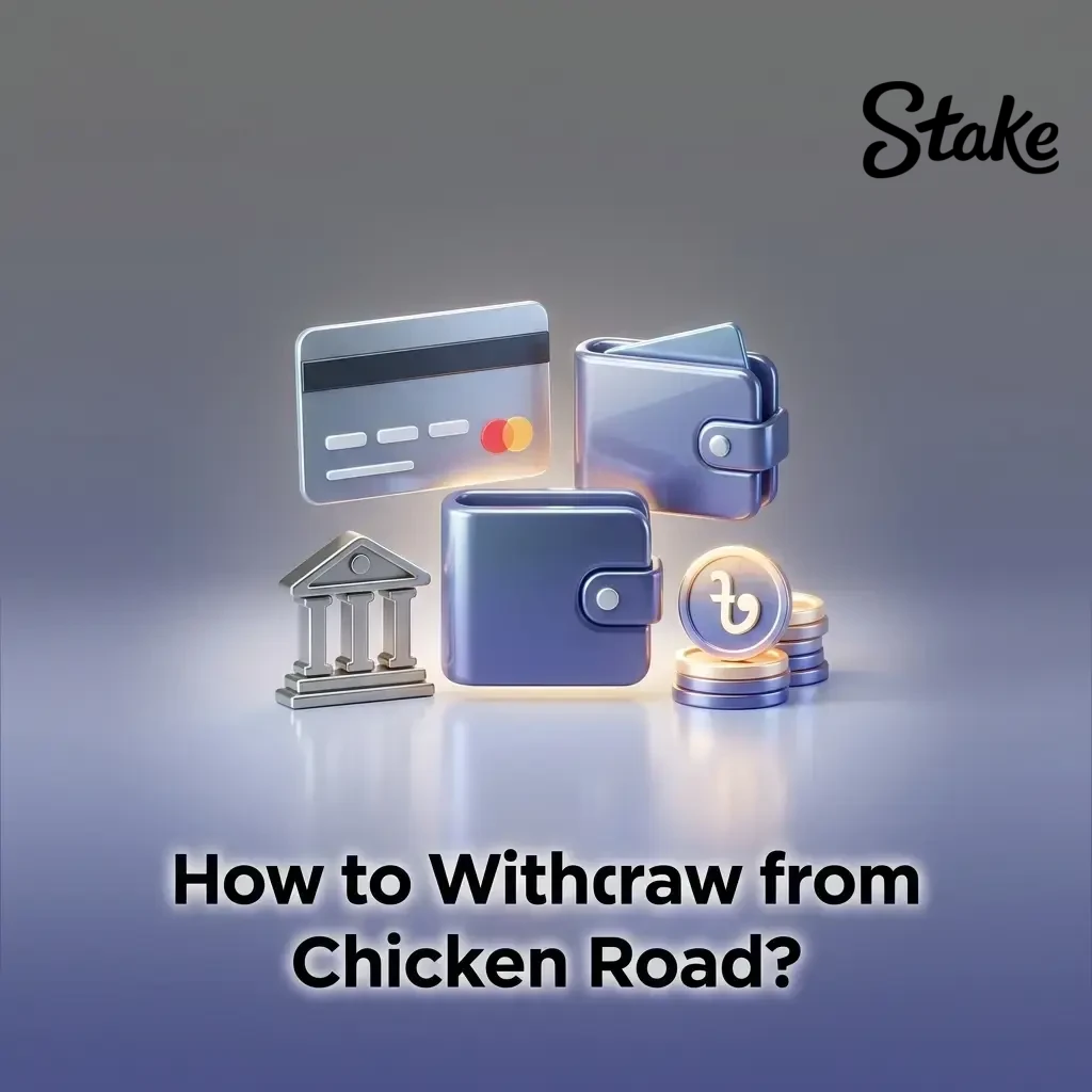 Chicken Road withdrawal steps on Stake.com app showing wallet icon, withdraw option, and crypto confirmation process
